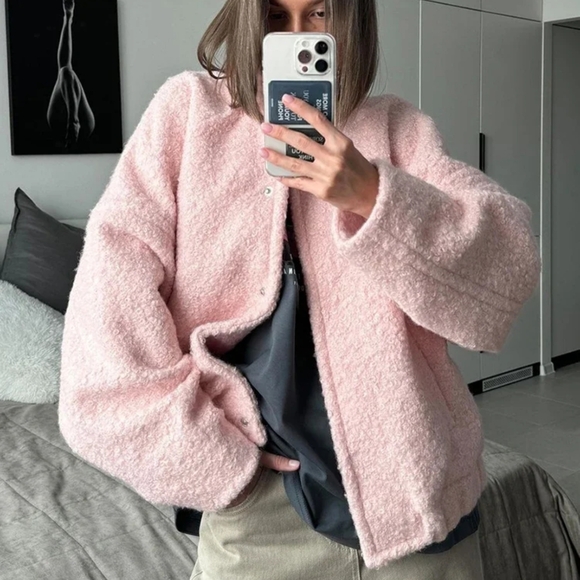 Pink Short Fur Jacket Coat For Women Autumn Winter Casual Stand Collar - Picture 4 of 9